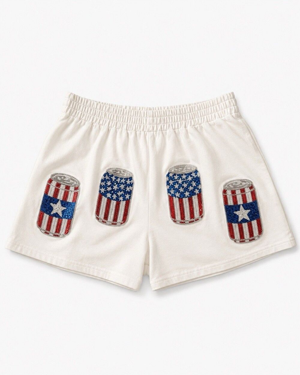 Fantastic Fawn Patriotic Sequin Can Shorts White Cotton Pull On Size S NWT